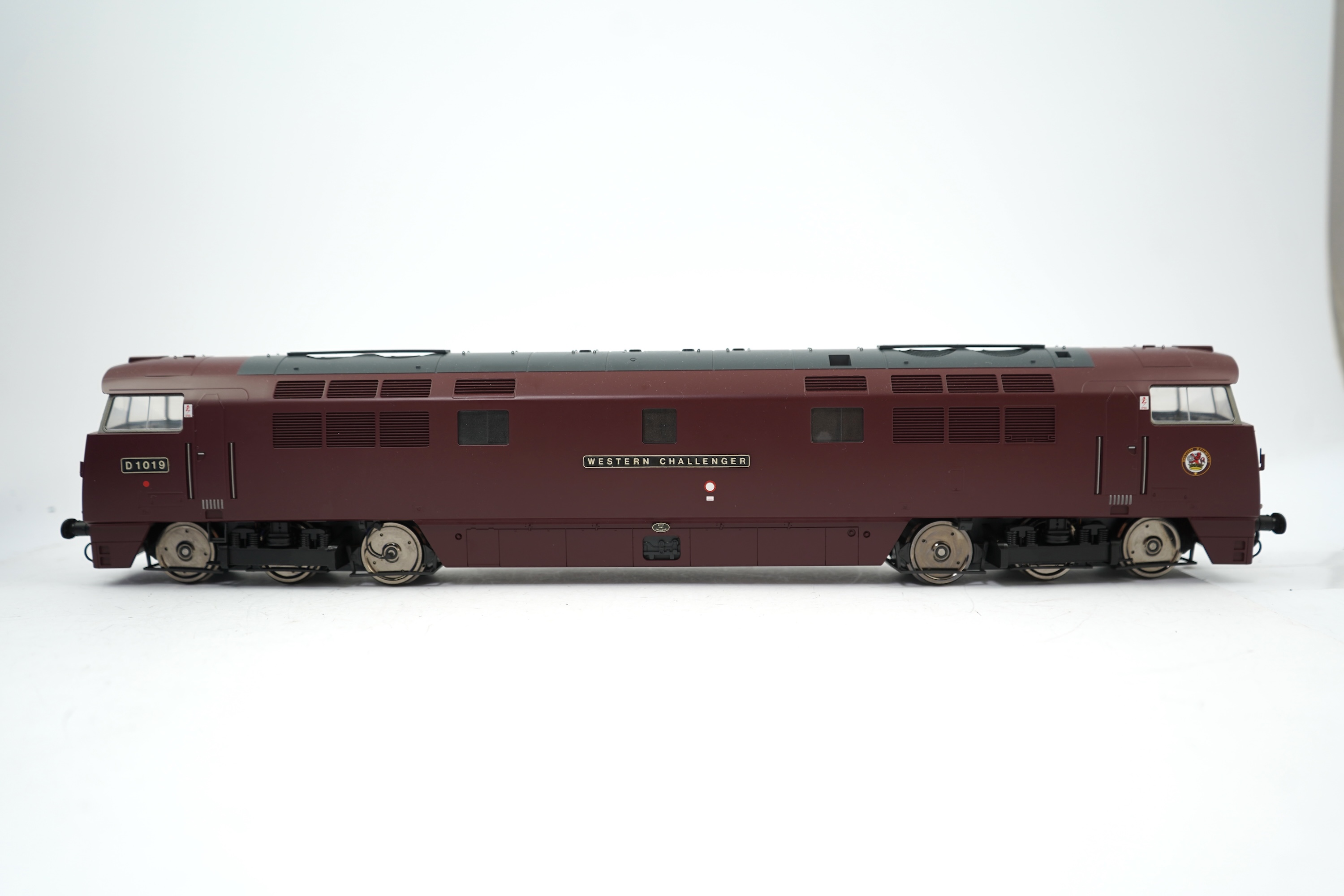 An 0 Gauge Heljan model Class 52 Western Challenger D1019 Co-Co diesel hydraulic locomotive, powered for two rail operation, with original box.
